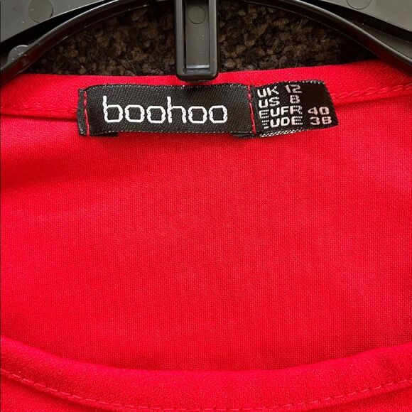 Boohoo Red Wrap Midi Dress | Tie Waist Wide Sleeve | Size 12 - Picture 2 of 5